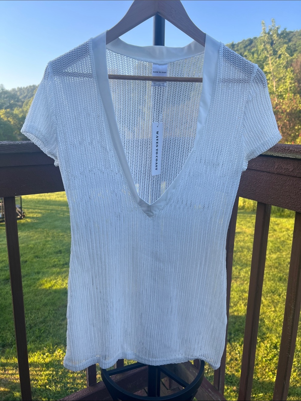 Waves to Coast White Mesh V Neck Swim Cover Up Dress M Beach Crochet Sheer Boho